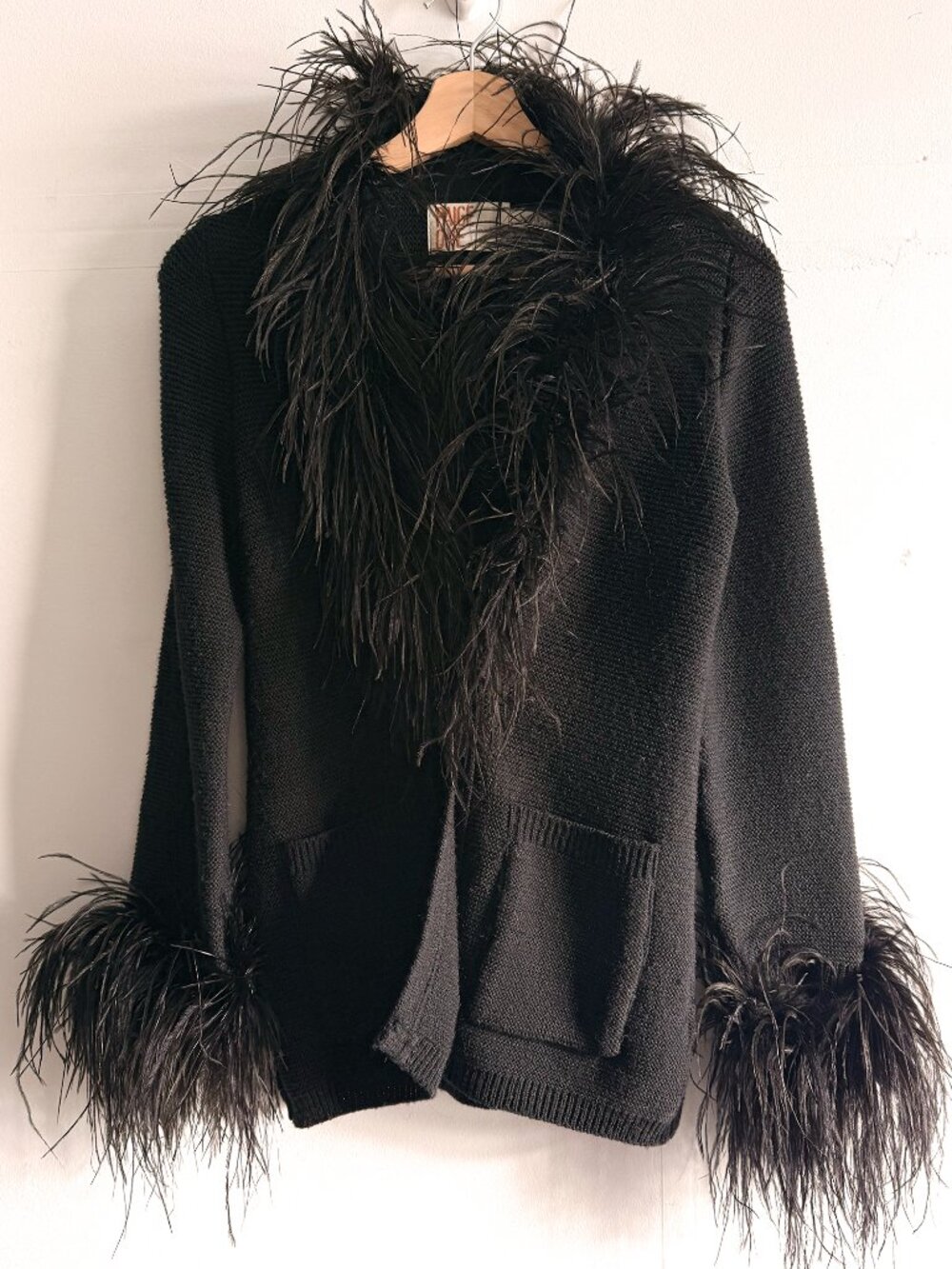Vintage Page One Black Knit Cardigan Ostrich Feather Trim Statement Sweater